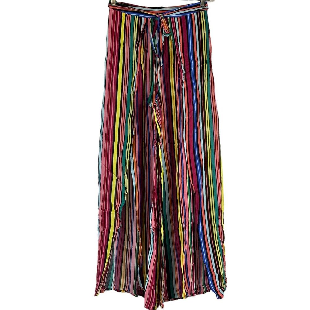 Aqua Pants Women's Sz S Multicolor Striped Side Slit Wide Leg High Rise $87 - Picture 3 of 14